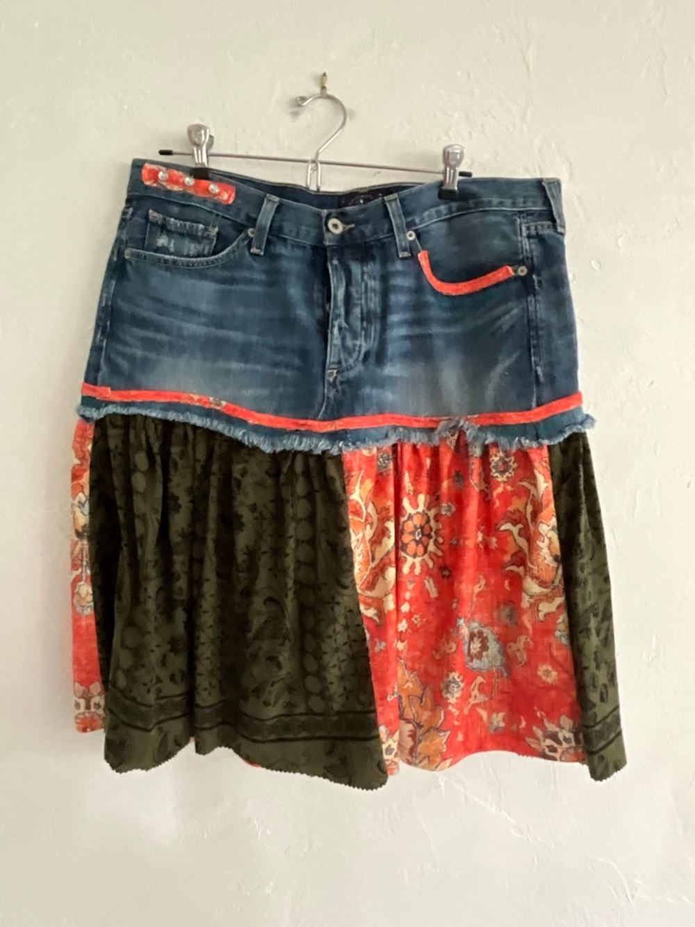 Upcycled Boho Denim Patchwork Skirt Reworked Size Medium - Picture 2 of 9